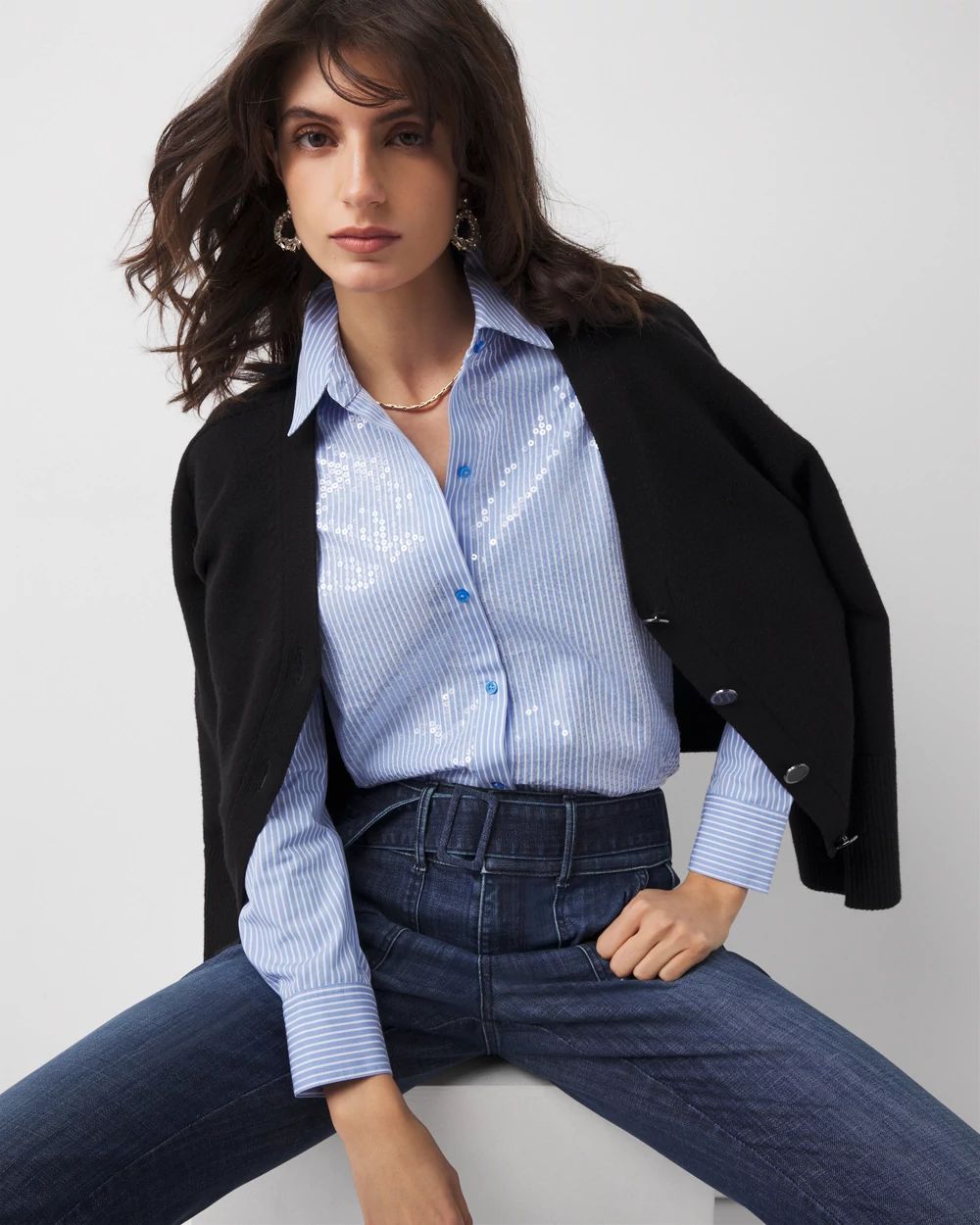 ー品販売  Sequin Market Black House White | Shirt Poplin Striped Tops